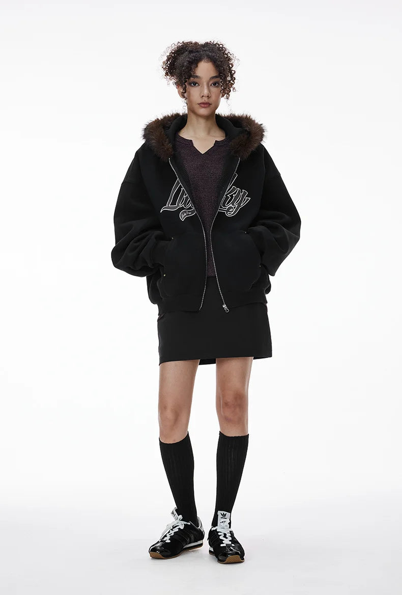Unisex Boxy Cropped Hoodie Sweatshirt – Embroidered Fur Collar