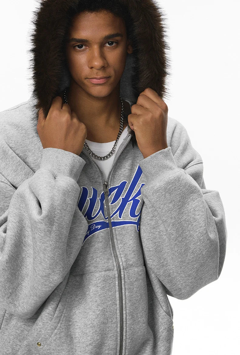 Unisex Boxy Cropped Hoodie Sweatshirt – Embroidered Fur Collar