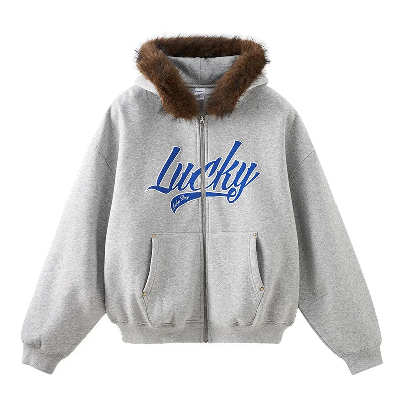 Unisex Boxy Cropped Hoodie Sweatshirt – Embroidered Fur Collar