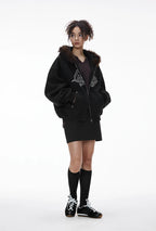 Unisex Boxy Cropped Hoodie Sweatshirt – Embroidered Fur Collar