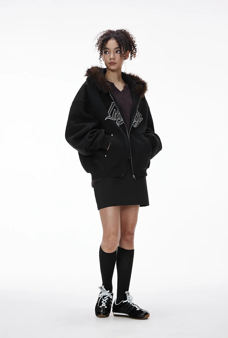 Unisex Boxy Cropped Hoodie Sweatshirt – Embroidered Fur Collar