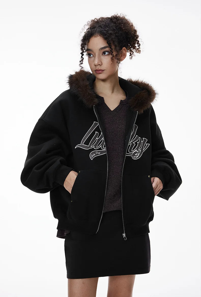 Unisex Boxy Cropped Hoodie Sweatshirt – Embroidered Fur Collar