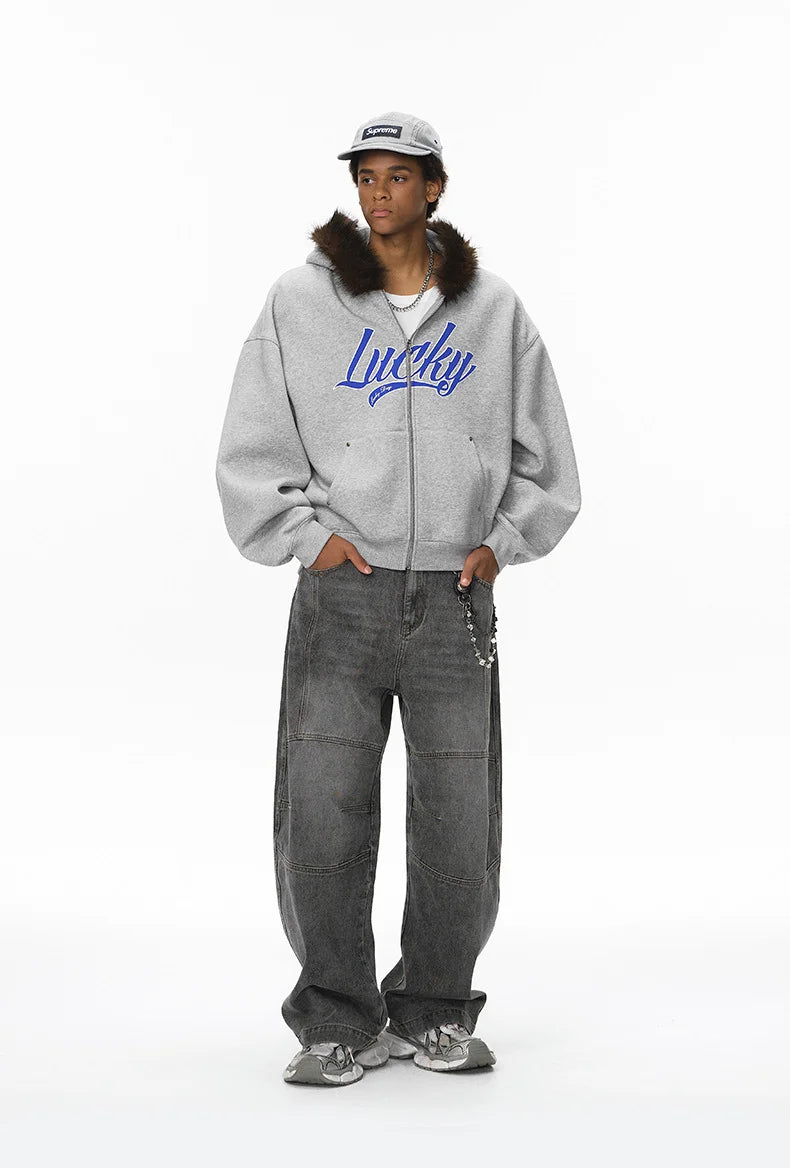 Unisex Boxy Cropped Hoodie Sweatshirt – Embroidered Fur Collar