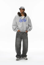 Unisex Boxy Cropped Hoodie Sweatshirt – Embroidered Fur Collar