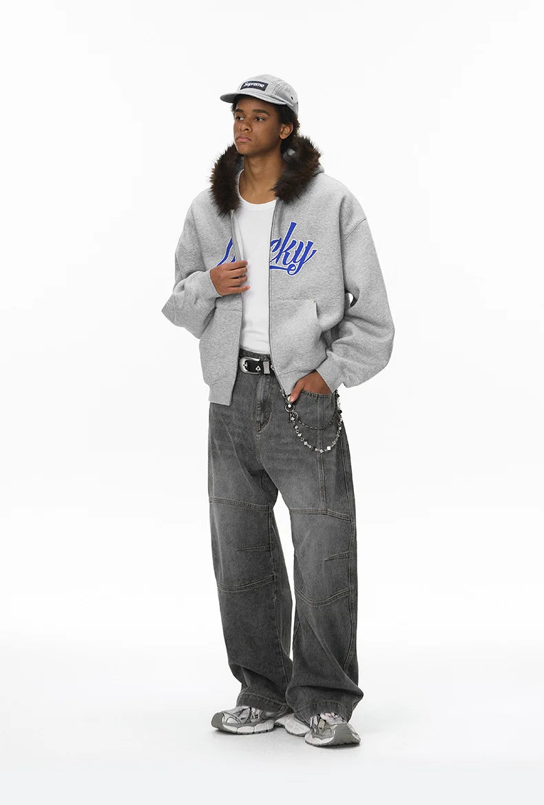 Unisex Boxy Cropped Hoodie Sweatshirt – Embroidered Fur Collar