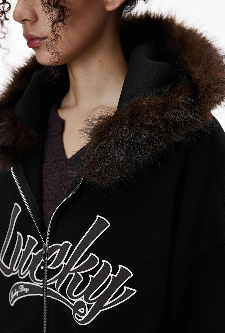 Unisex Boxy Cropped Hoodie Sweatshirt – Embroidered Fur Collar