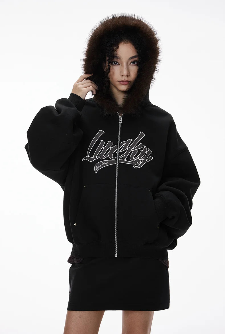 Unisex Boxy Cropped Hoodie Sweatshirt – Embroidered Fur Collar