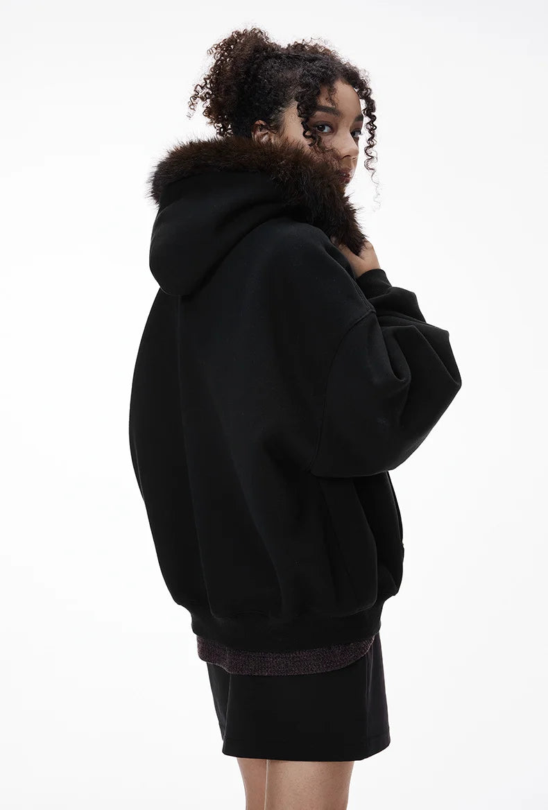 Unisex Boxy Cropped Hoodie Sweatshirt – Embroidered Fur Collar