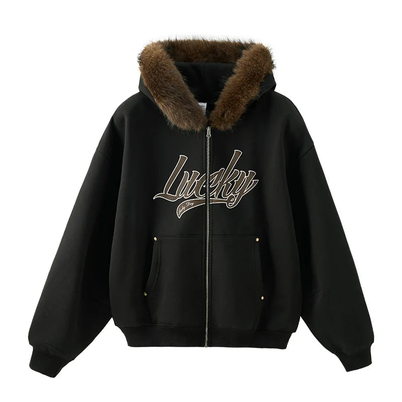 Unisex Boxy Cropped Hoodie Sweatshirt – Embroidered Fur Collar