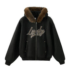Unisex Boxy Cropped Hoodie Sweatshirt – Embroidered Fur Collar