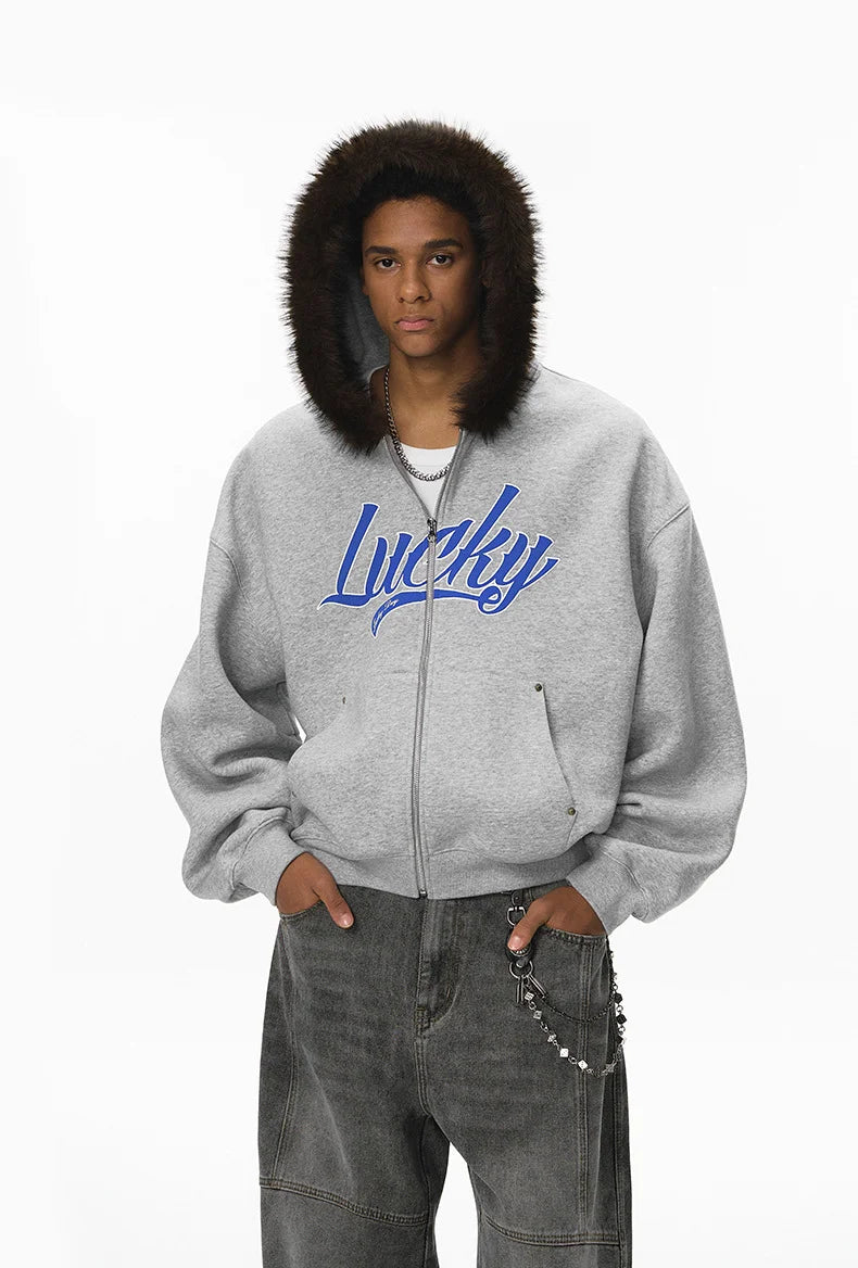 Unisex Boxy Cropped Hoodie Sweatshirt – Embroidered Fur Collar
