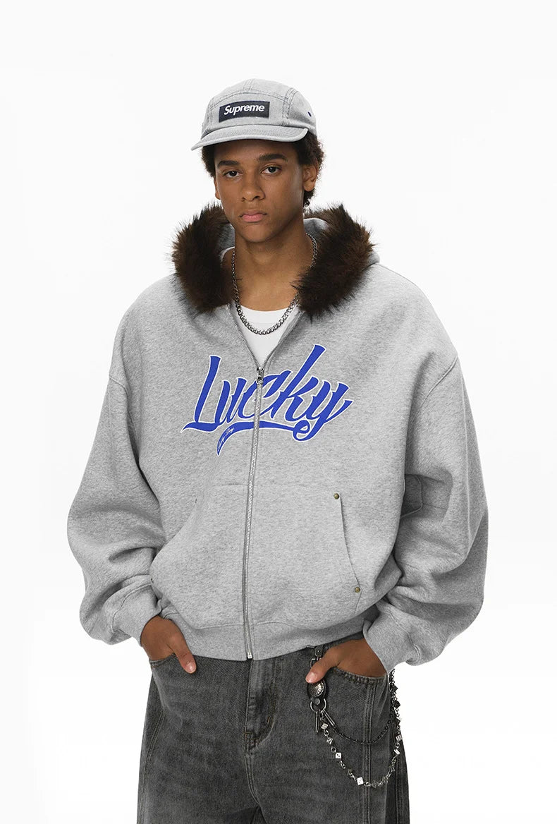 Unisex Boxy Cropped Hoodie Sweatshirt – Embroidered Fur Collar