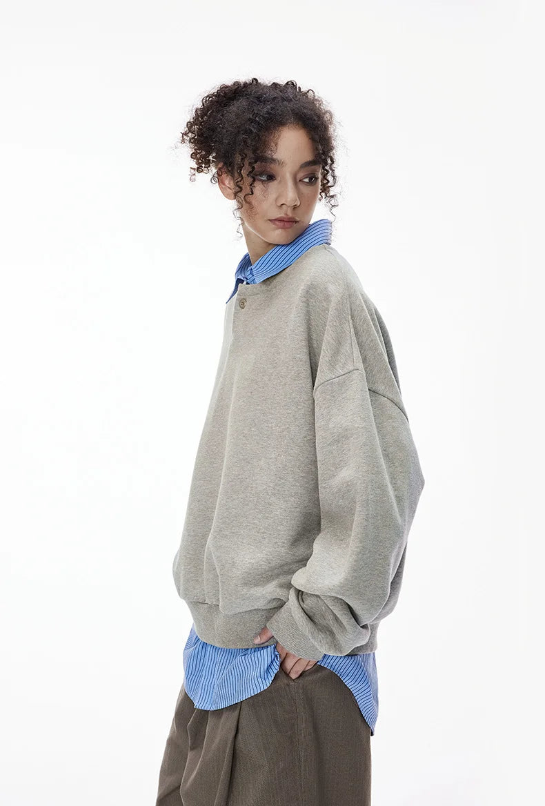Sweat-shirt unisexe ample à col Henley - F