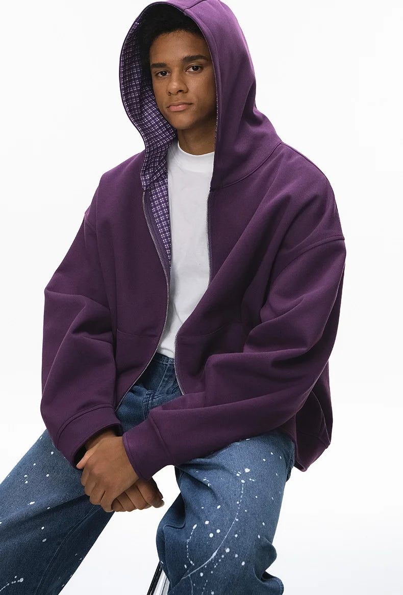 Boxy Plaid Colorblock Hooded Jacket