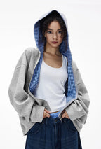 Veste à capuche à carreaux color-block coupe carrée