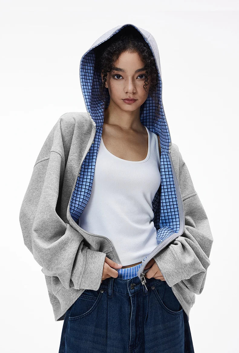 Boxy Plaid Colorblock Hooded Jacket