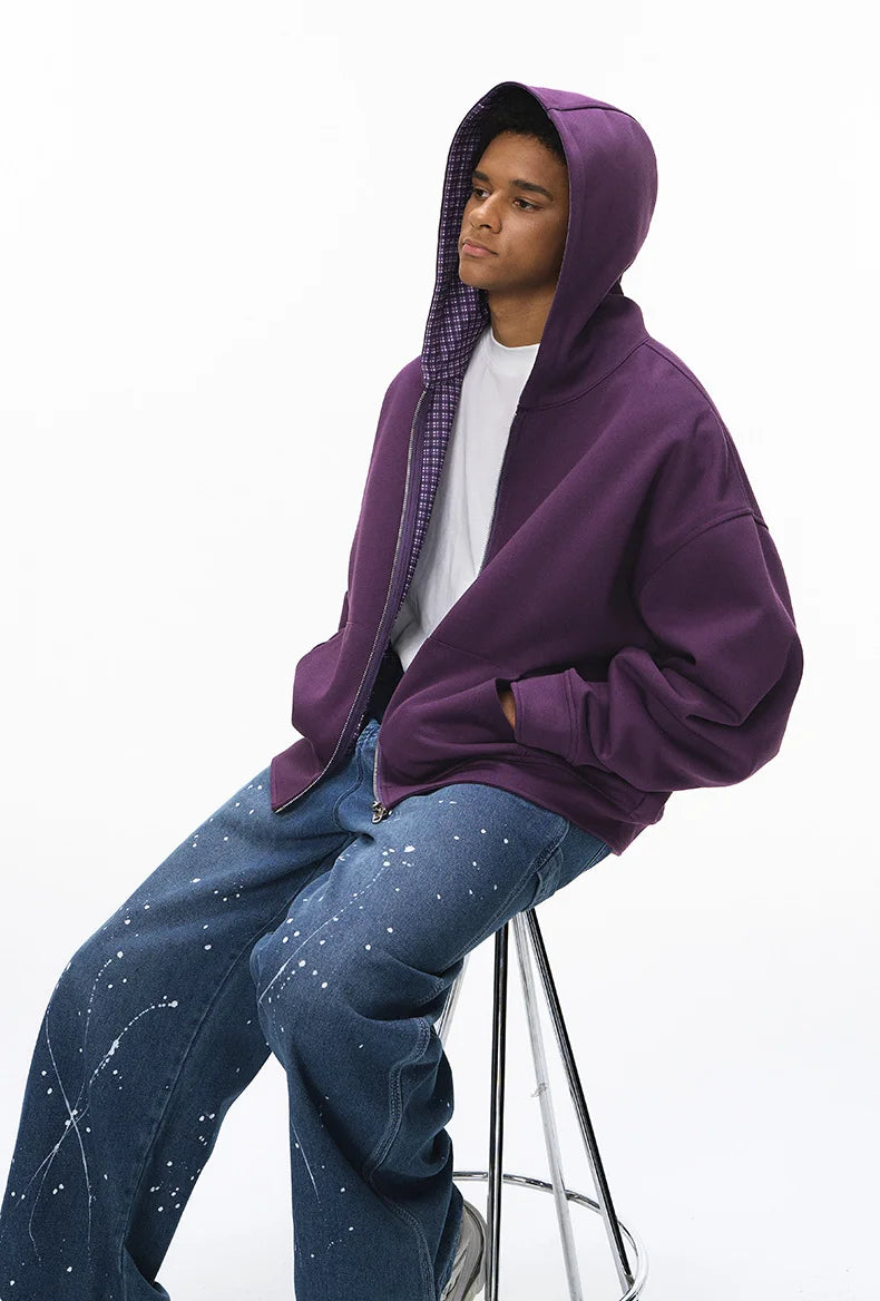 Veste à capuche à carreaux color-block coupe carrée