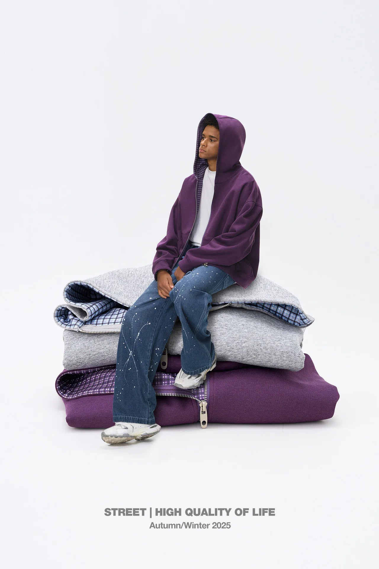 Veste à capuche à carreaux color-block coupe carrée