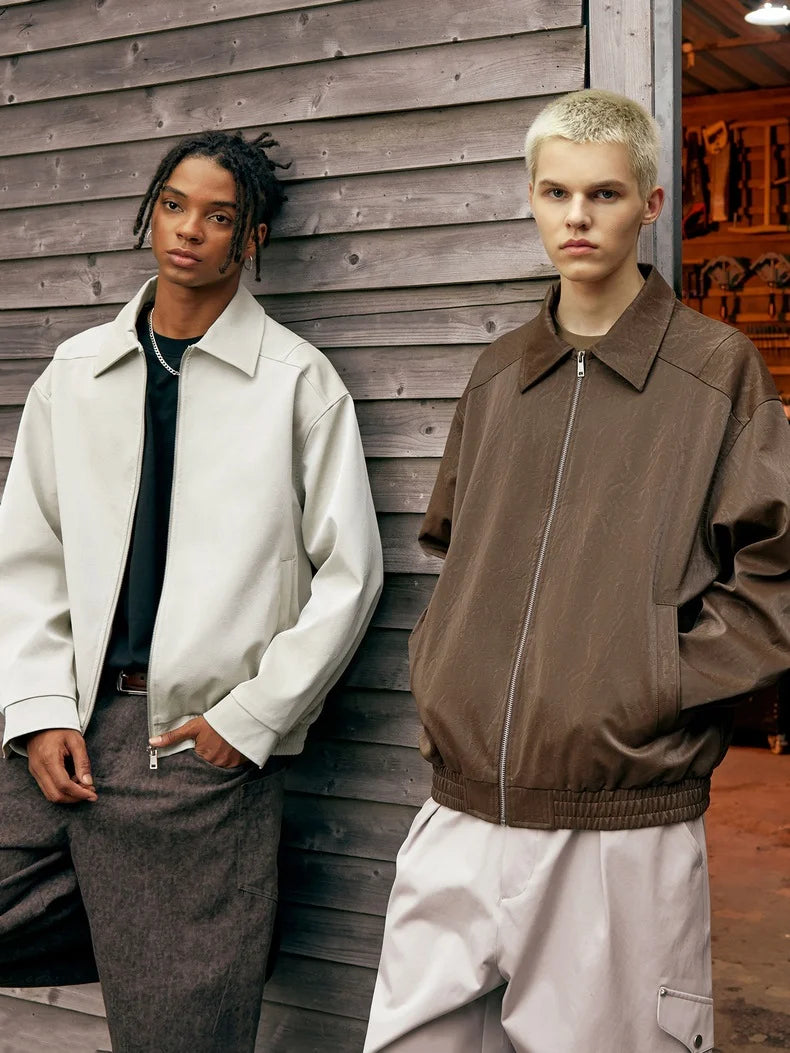 Blouson zippé homme en cuir froissé – Style Vêtement de travail vintage