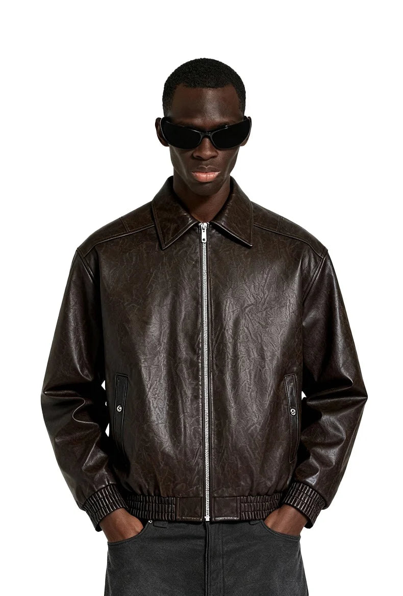 Blouson zippé homme en cuir froissé – Style Vêtement de travail vintage