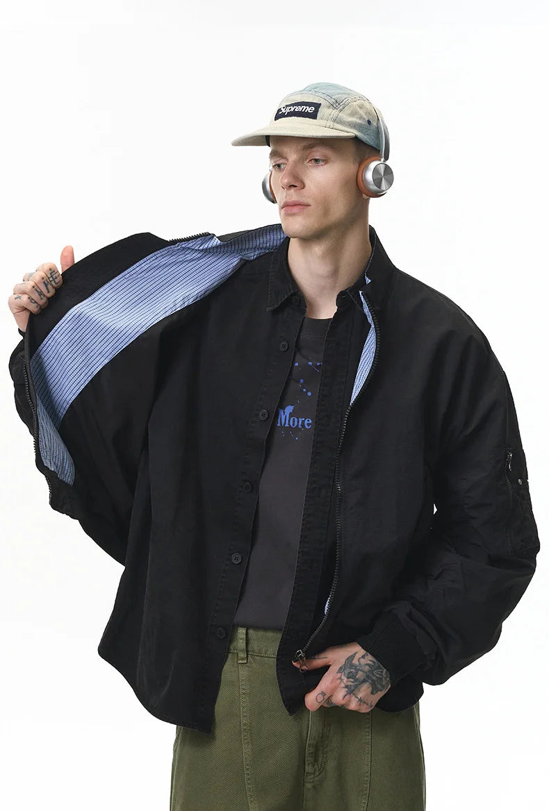 Men's Articulated Sleeves Cropped Flight Jacket – Plaid Colorblock