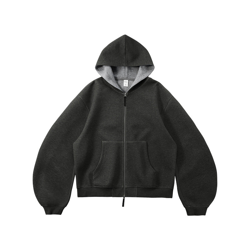 Sweat à capuche court unisexe coupe carrée avec empiècement contrastant et fermeture éclair double sens - F