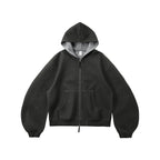 Sweat à capuche court unisexe coupe carrée avec empiècement contrastant et fermeture éclair double sens - F