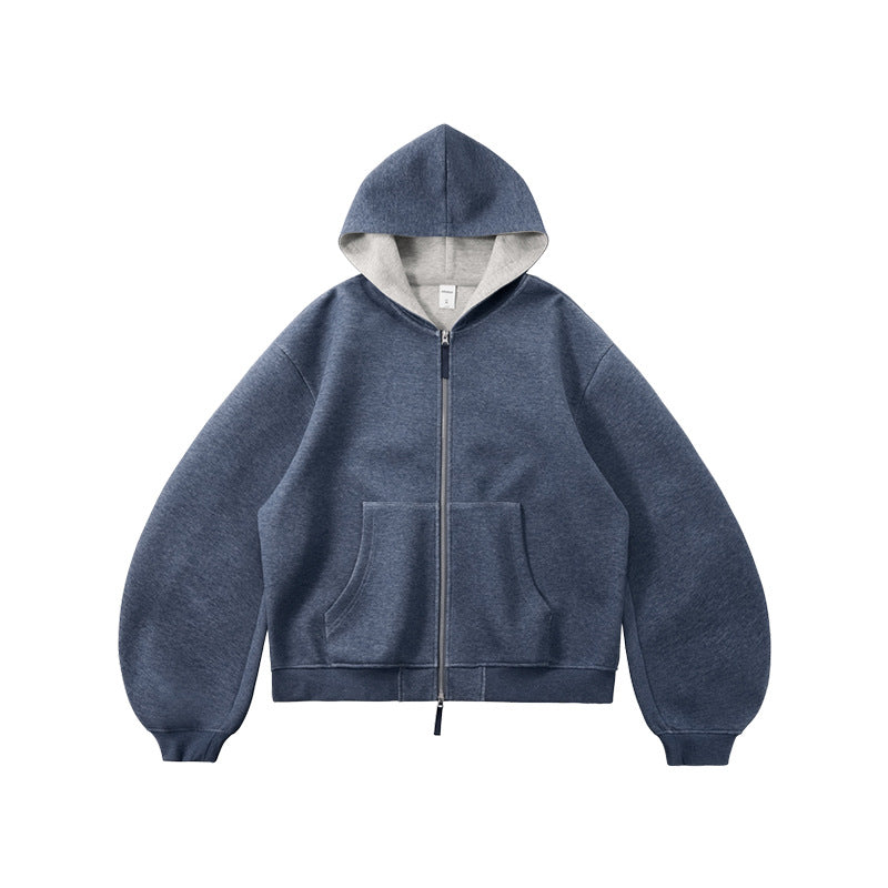 Sweat à capuche court unisexe coupe carrée avec empiècement contrastant et fermeture éclair double sens - F