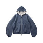 Sweat à capuche court unisexe coupe carrée avec empiècement contrastant et fermeture éclair double sens - F