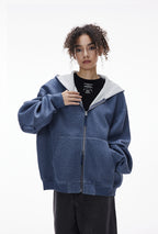 Sweat à capuche court unisexe coupe carrée avec empiècement contrastant et fermeture éclair double sens - F