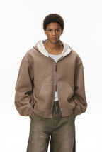 Sweat à capuche court unisexe coupe carrée avec empiècement contrastant et fermeture éclair double sens - F