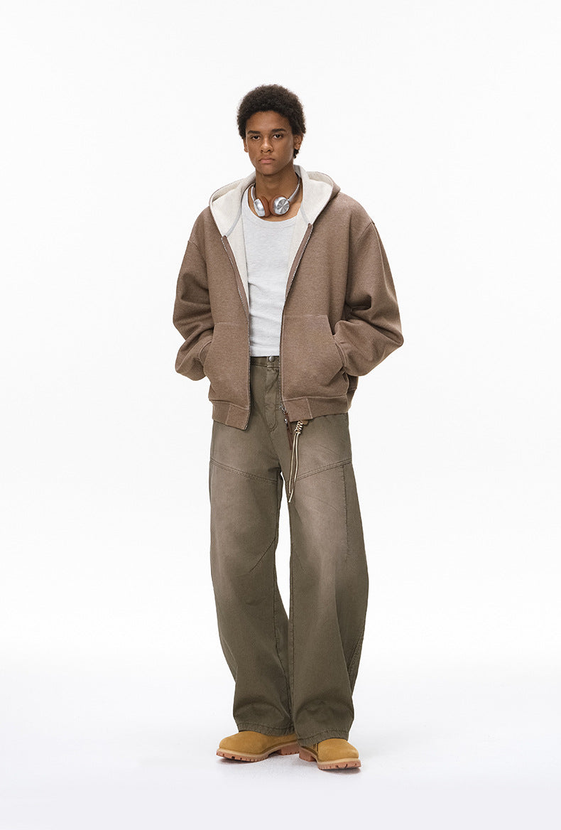 Unisex Boxy Cropped Hoodie with Contrast Panel & Two-Way Zip