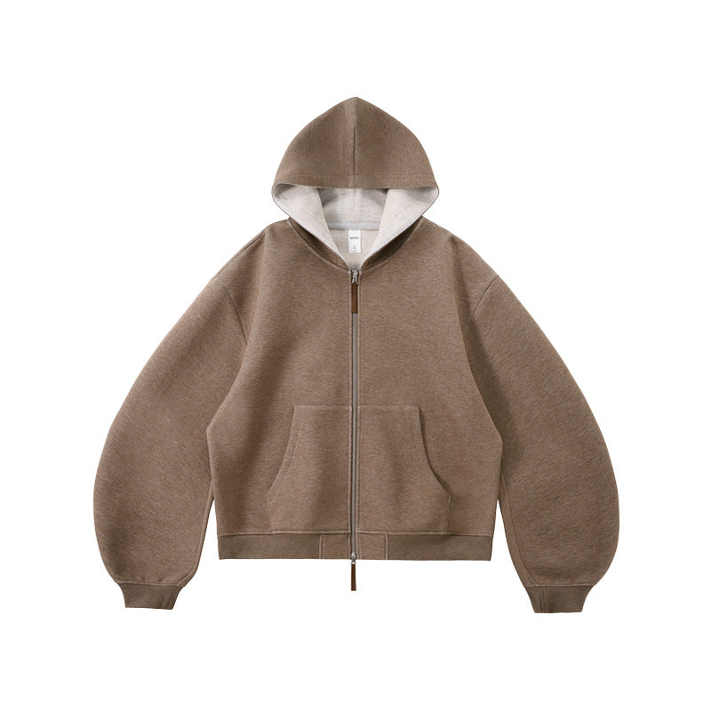 Sweat à capuche court unisexe coupe carrée avec empiècement contrastant et fermeture éclair double sens - F