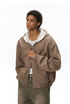 Sweat à capuche court unisexe coupe carrée avec empiècement contrastant et fermeture éclair double sens - F