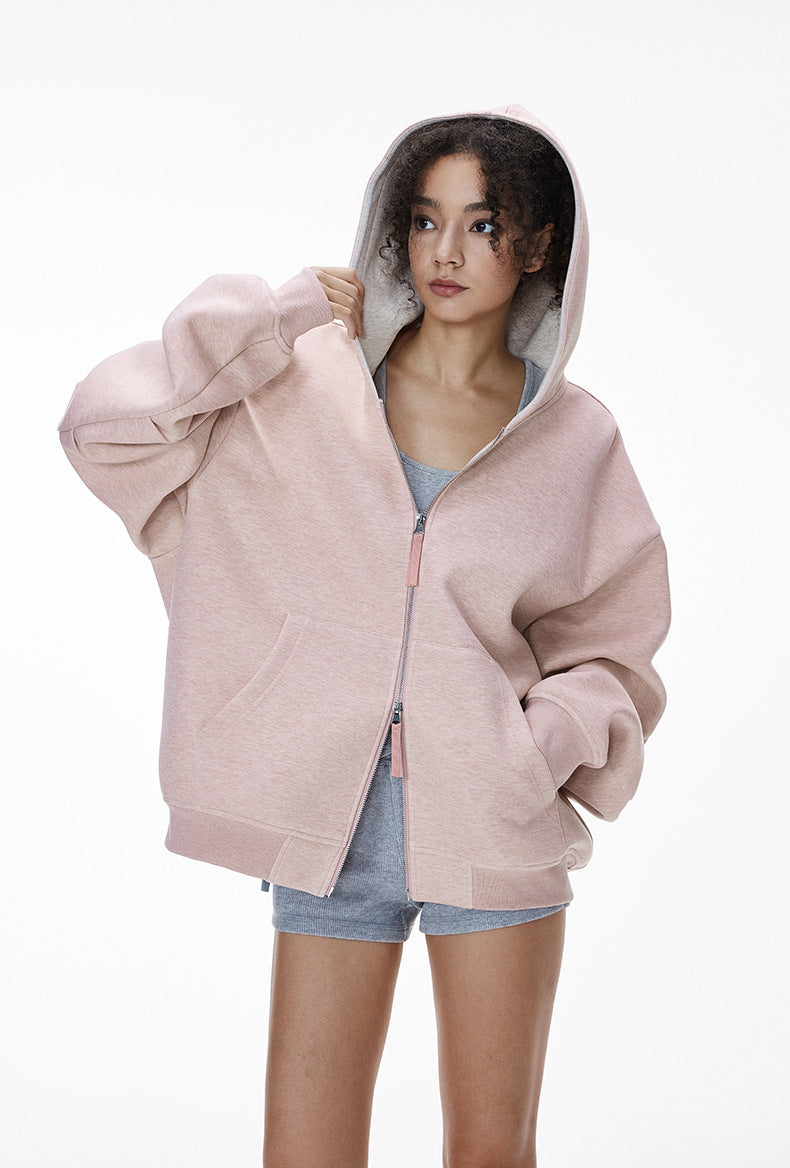Sweat à capuche court unisexe coupe carrée avec empiècement contrastant et fermeture éclair double sens - F