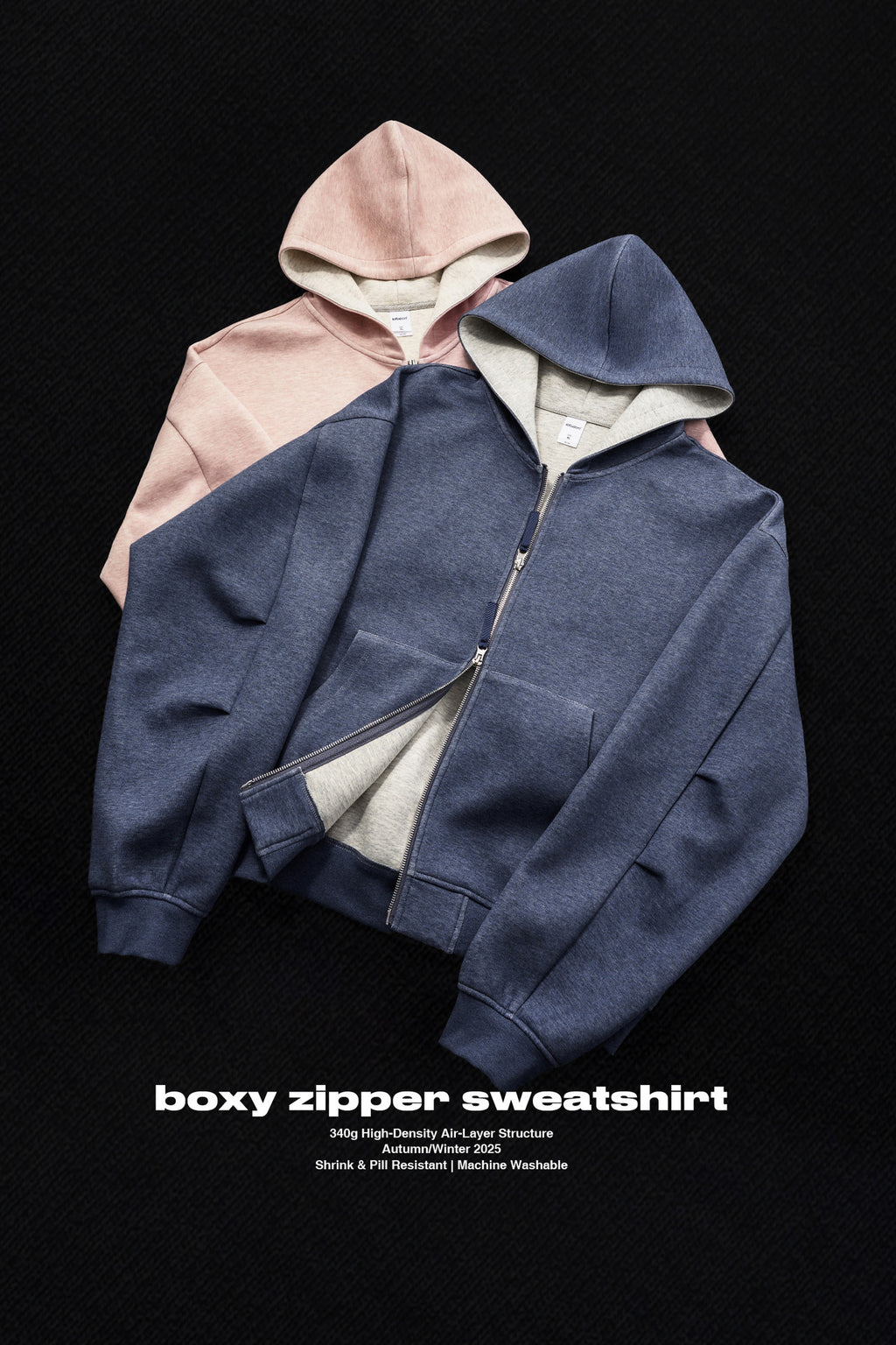 Sweat à capuche court unisexe coupe carrée avec empiècement contrastant et fermeture éclair double sens - F