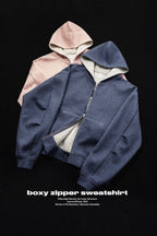 Sweat à capuche court unisexe coupe carrée avec empiècement contrastant et fermeture éclair double sens - F