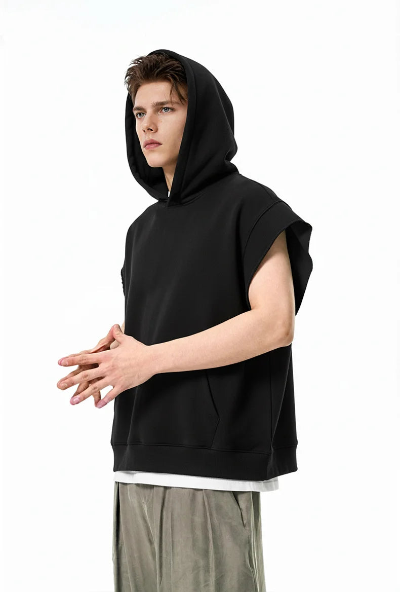 Sweat à capuche sans manches à ourlet roulé style urbain