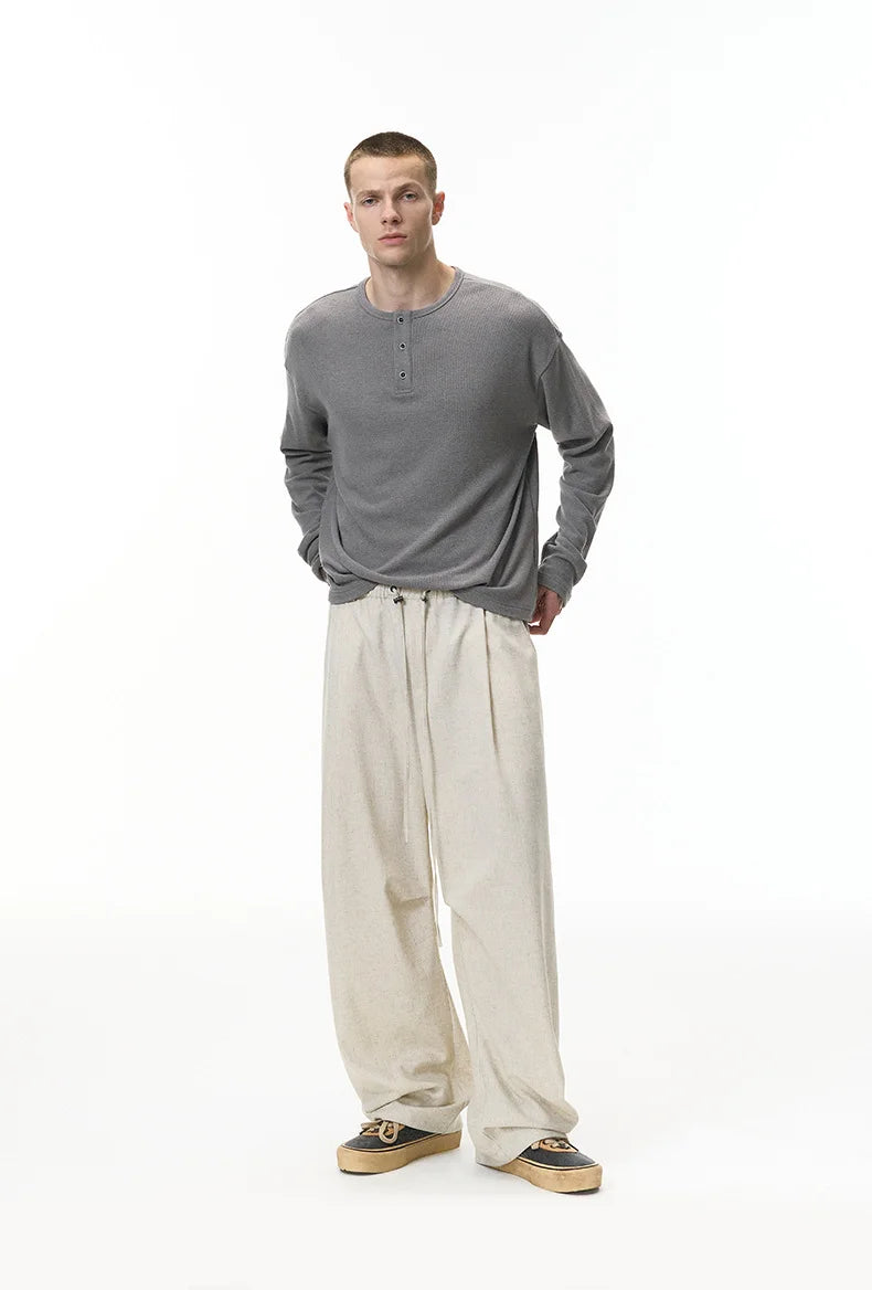 Solid Color Linen Blend Wide-Leg Pants