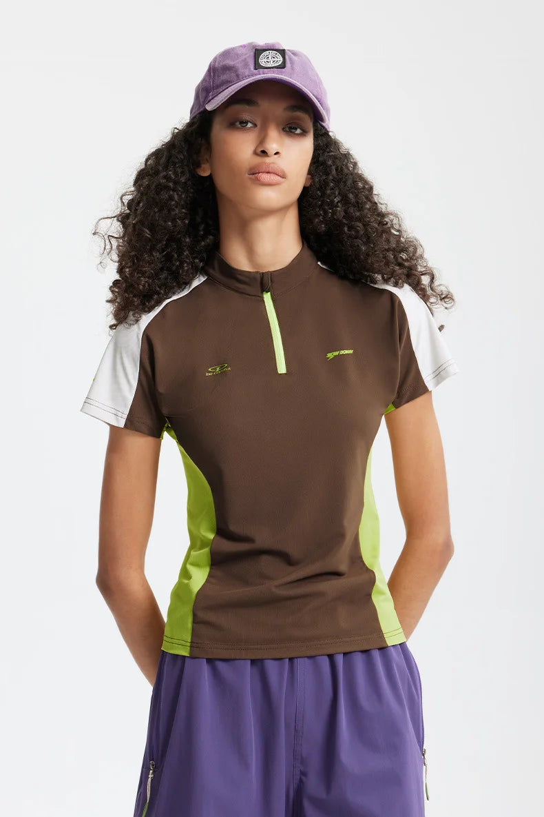 T-shirt zippé Aero-Cool pour femme Summer26 — Haut de cyclisme sculptant contrasté