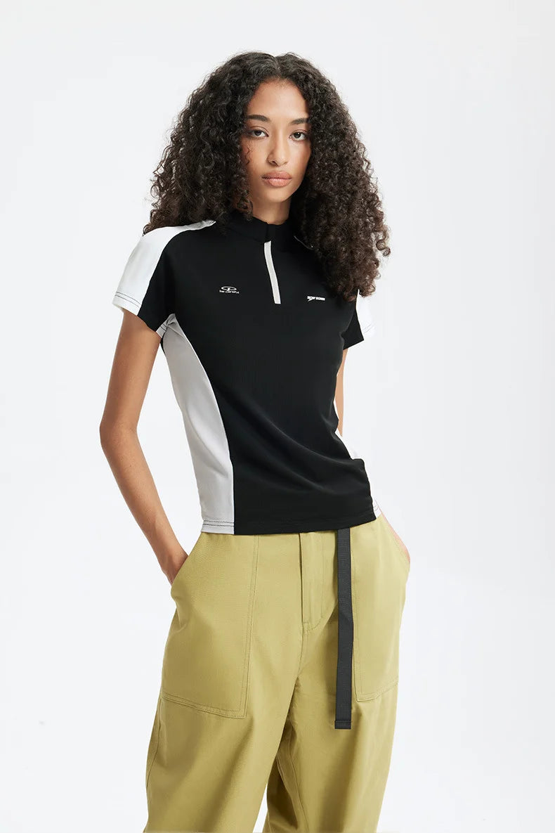 T-shirt zippé Aero-Cool pour femme Summer26 — Haut de cyclisme sculptant contrasté