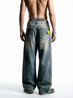 Pantalon en jean vintage délavé à jambes incurvées