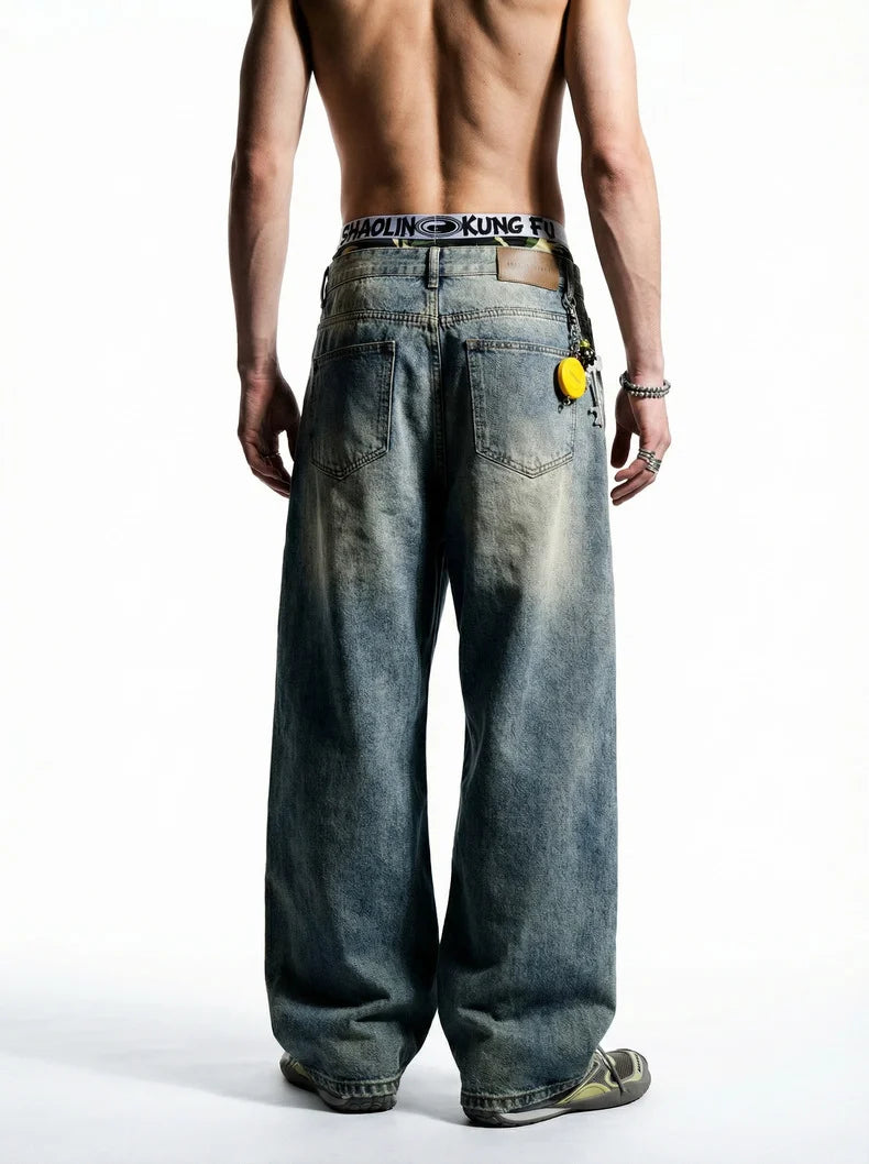 Pantalon en jean vintage délavé à jambes incurvées