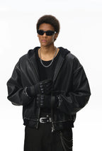 Veste à Capuche Ample en Cuir Lavé pour Homme