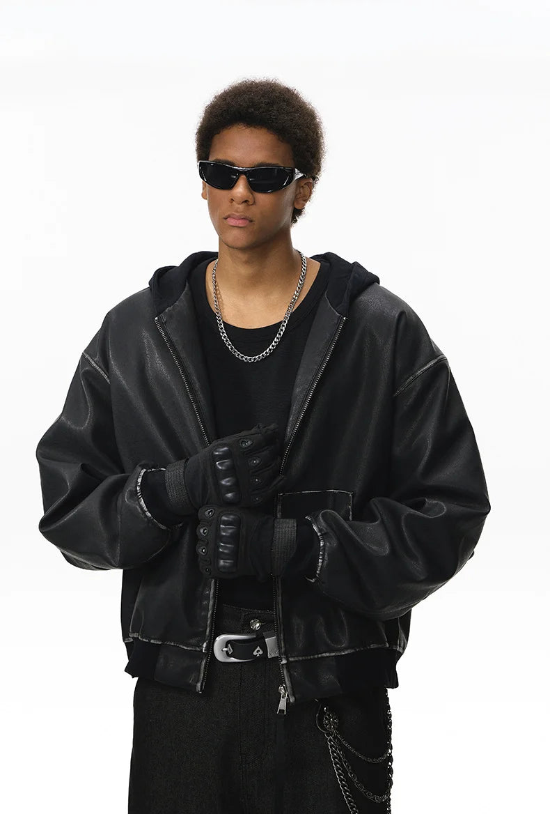 Men's Washed Leather Boxy Hoodie Jacket