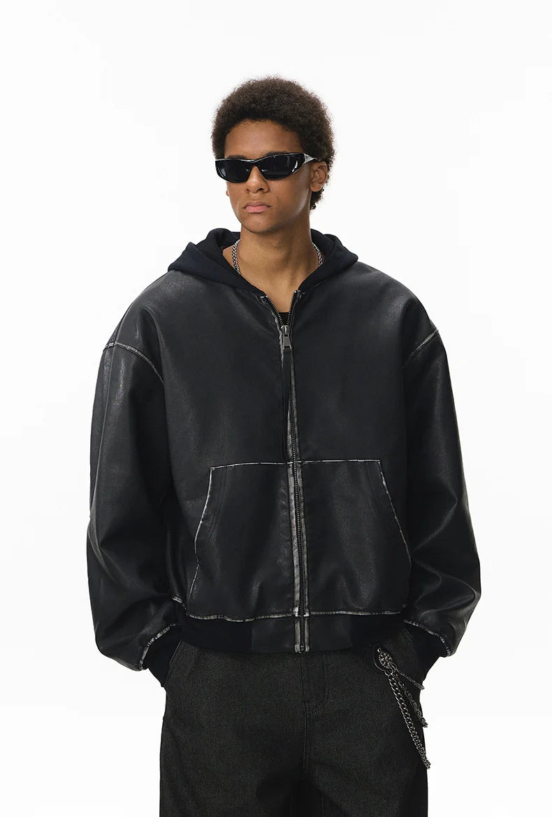 Men's Washed Leather Boxy Hoodie Jacket