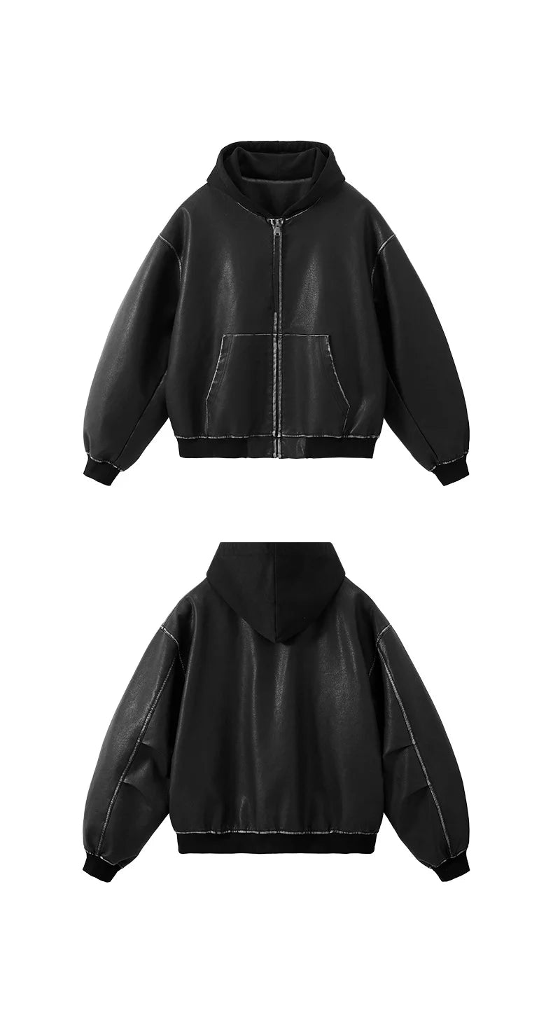 Veste à Capuche Ample en Cuir Lavé pour Homme