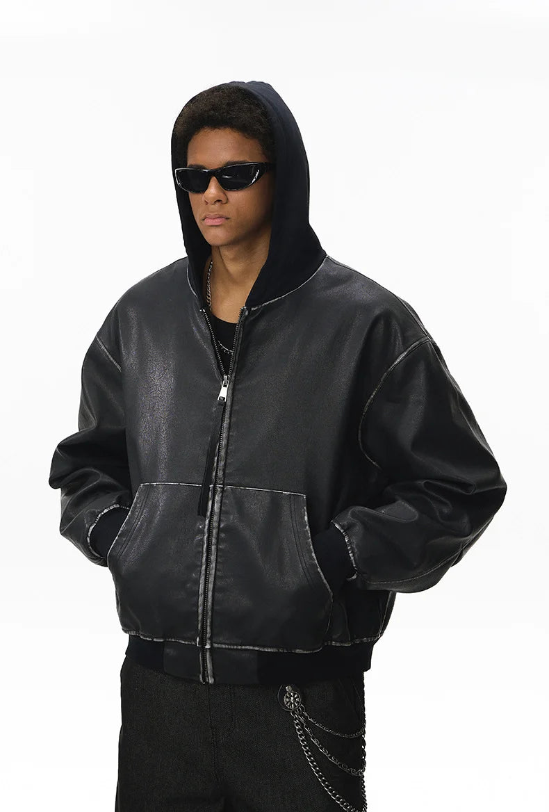 Veste à Capuche Ample en Cuir Lavé pour Homme
