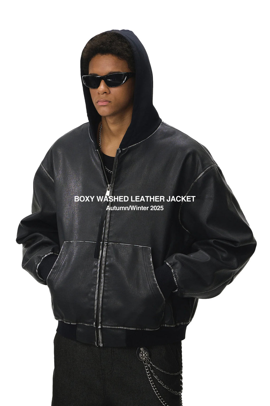 Veste à Capuche Ample en Cuir Lavé pour Homme