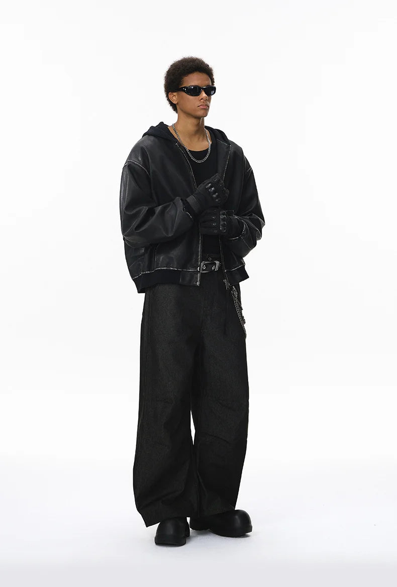 Veste à Capuche Ample en Cuir Lavé pour Homme